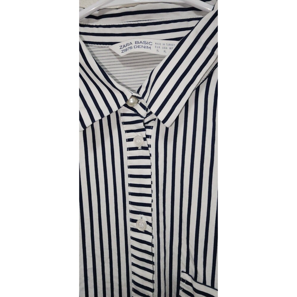 Zara Basic Button Down Womens Xl Blue Striped Lon… - image 3